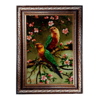 Hand-Knotted Persian Silk Pictorial Wall Hanging Rug – Parrot and Flowers, Tabriz
