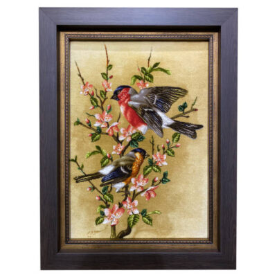 Hand-Knotted Persian Silk Pictorial Wall Hanging Rug – Sparrow and Flowers, Tabriz