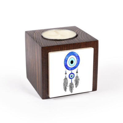 Set of 2 Persian Wooden Cube Tealight Candle Holders, Blue Eyes Design, Minimalist Decorative Décor
