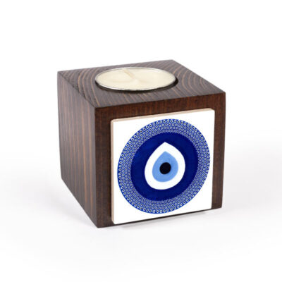 Set of 2 Persian Wooden Cube Tealight Candle Holders, Cheshm Zakhm Evil Eye Design, Minimalist Décor