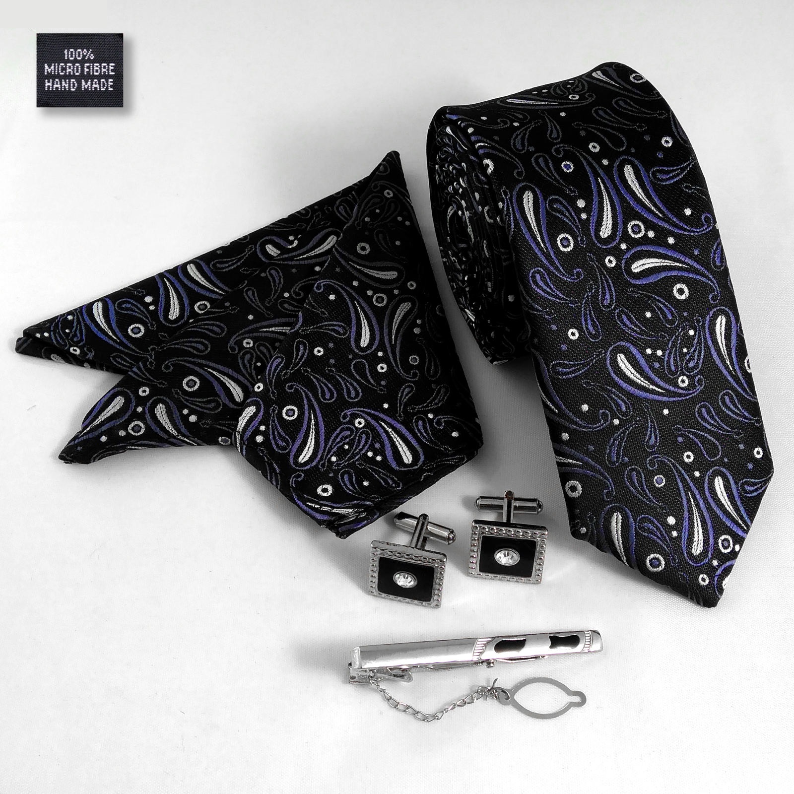 Men’s Tie, Handkerchief & Cufflinks Neckwear Set – Luxurious Black