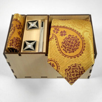 Men's Tie, Handkerchief & Cufflinks Neckwear Set - Luxurious Golden