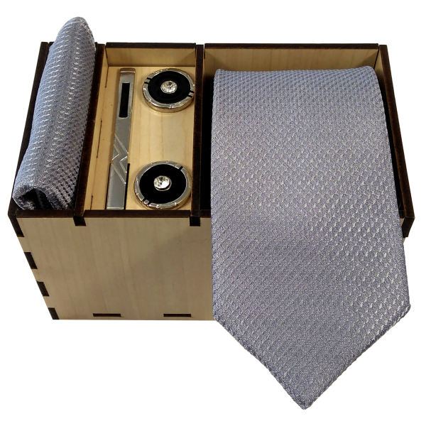 Men’s Tie, Handkerchief & Cufflinks Neckwear Set – Luxurious Gray