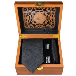 Men’s Tie, Handkerchief & Cufflinks Neckwear Set – Luxurious Black