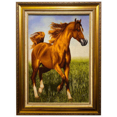 Hand-Knotted Persian Silk Pictorial Wall Hanging Rug – Horse Design, Tabriz
