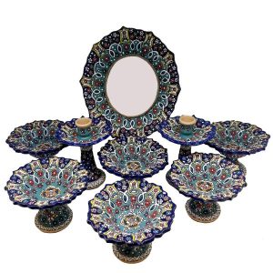 Elegant Pottery Haft-sin Minakari Set for Nowruz Persian New Year Dark Blue