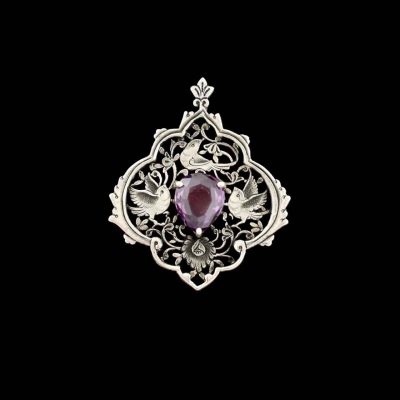 Persian Engraved Silver Pendant Necklace with Amethyst - Bird Design