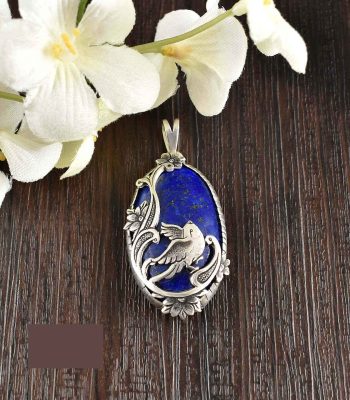 Persian Engraved Silver Pendant Necklace with Lapis Lazuli – Bird Design