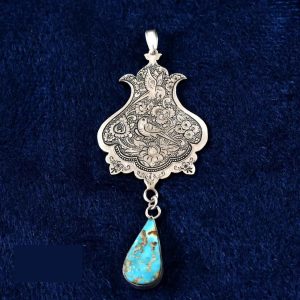 Persian Engraved Silver Pendant with Turquoise Gemstone