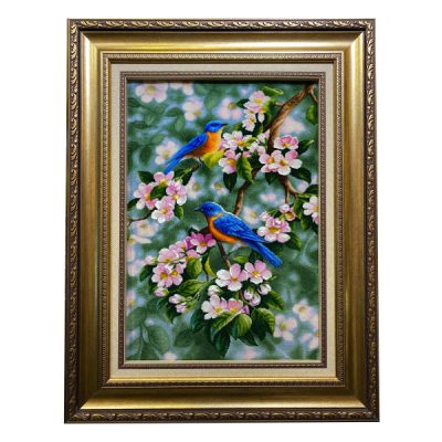 Hand-Knotted Persian Cotton Pictorial Wall Hanging Rug – Blue Sparrow and Flowers, Tabriz