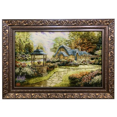 Hand-Knotted Persian Silk Pictorial Wall Hanging Rug – Baran Rural Landscape, Tabriz