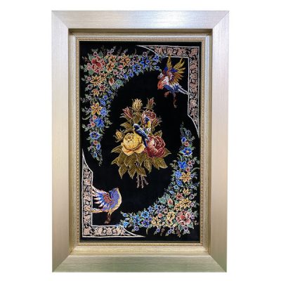 Hand-Knotted Persian Silk Pictorial Wall Hanging Rug – Sparrows and Flowers, Qom