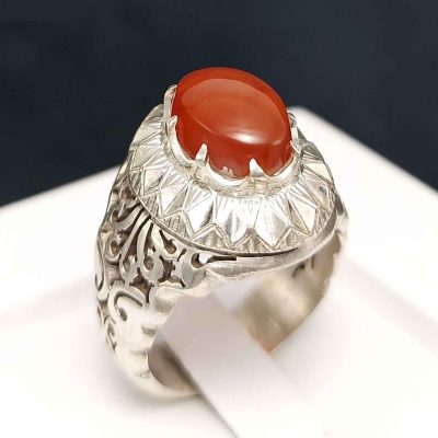 Yemeni Aqeeq Silver Gemstone Ring for Men – Taban Model, Traditional Persian Design