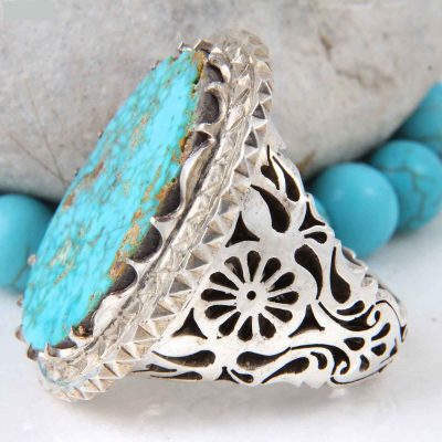 Neyshabur Turquoise Silver Gemstone Ring for Men – Traditional Persian Design