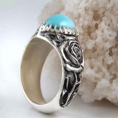 Neyshabur Turquoise Silver Gemstone Ring for Men – Flower Model, Traditional Persian Design