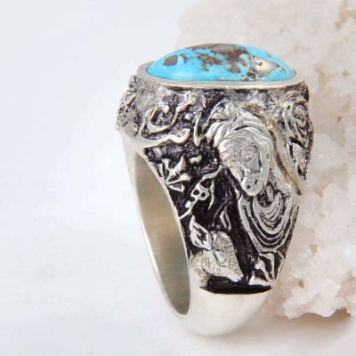 Neyshabur Turquoise Silver Gemstone Ring for Men – Hiraad Model, Persian Calligraphy, Traditional Persian Design