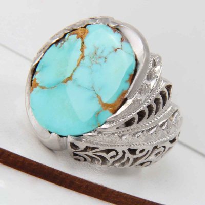 Neyshabur Turquoise Silver Gemstone Ring for Men – Jahani Model, Traditional Persian Design