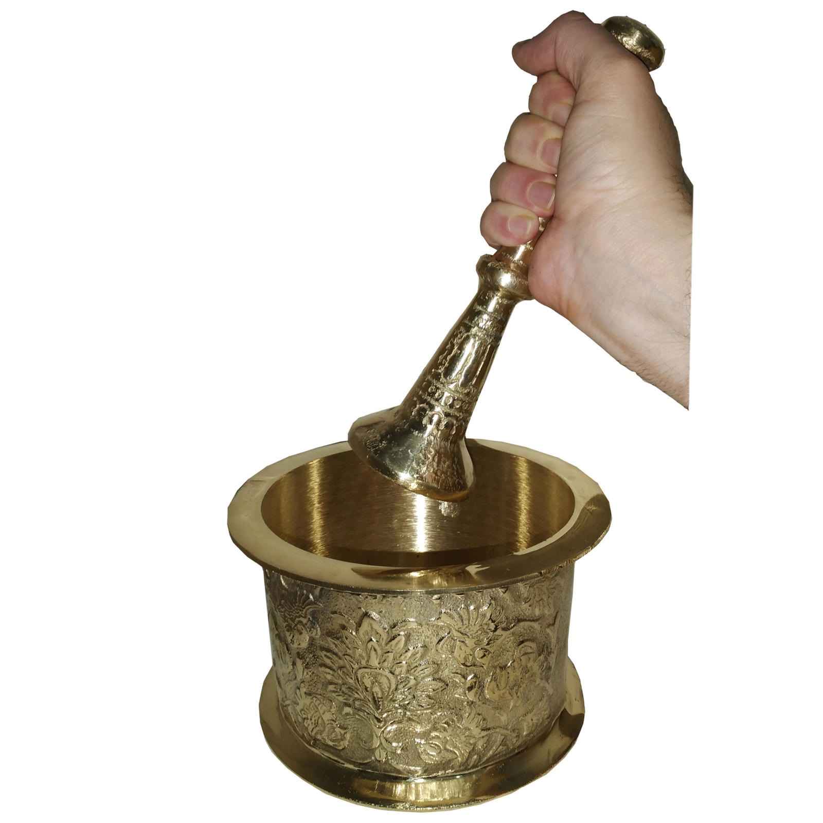 Brass Mortar & Pestle with Traditional Persian Floral Pattern Arshi
