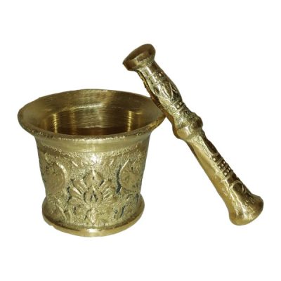 Brass Mortar & Pestle with Traditional Persian Floral Pattern Golden