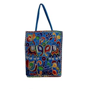 Ethnic Tote Bag with Baluchi Embroidered Model Blue