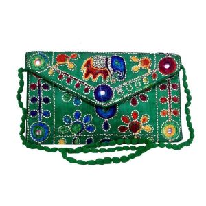 Embroidered Ethnic Velvet Clutch Handbag with Baluchi Design – Green
