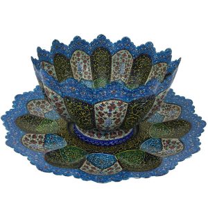 Decorative Copper Bowl & Plate Hand-Painted With Persian Minakari Enamel Sun