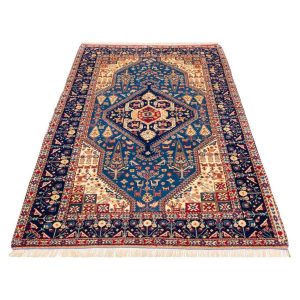 Hand-Knotted Persian Bojnourd Karimi Rug (Fine Art Floral Medallion) – Blue Silk & Wool