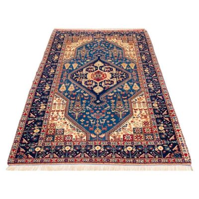 Hand-Knotted Persian Bojnourd Karimi Rug (Fine Art Floral Medallion) - Blue Silk & Wool