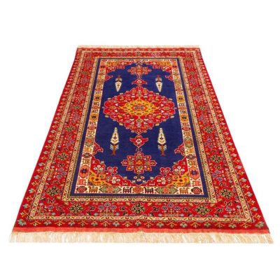 Hand-Knotted Persian Bojnourd 2.5-Meter Rug (Fine Art Floral Medallion) - Navy Blue Silk & Wool