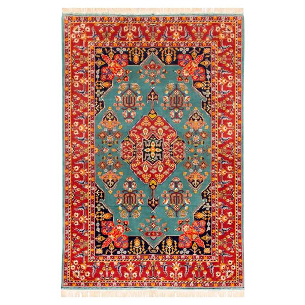 Hand-Knotted Persian Bojnourd Rug (Fine Art Classical Floral Medallion) – Turquoise Silk & Wool