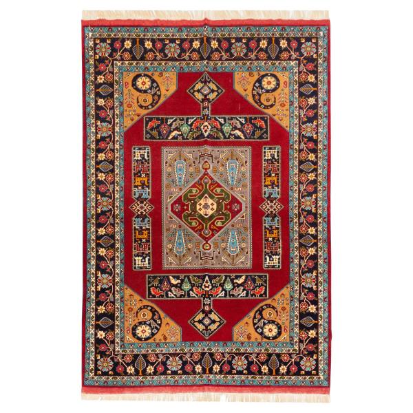 Hand-Knotted Persian Bojnourd Laki Red Rug (Fine Art Floral Medallion) – Red Silk & Wool