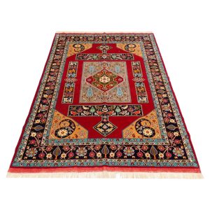 Hand-Knotted Persian Bojnourd Laki Red Rug (Fine Art Floral Medallion) – Red Silk & Wool