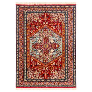 Hand-Knotted Persian Bojnourd Laki G2 Rug (Fine Art Floral Medallion) – Red Silk & Wool