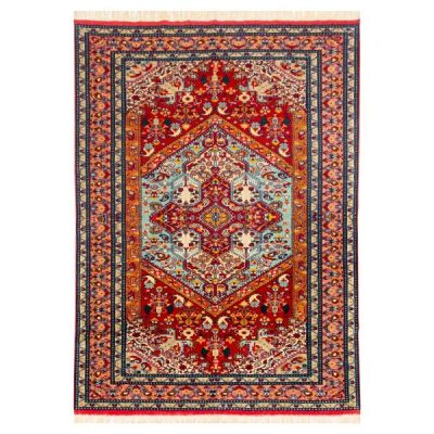 Hand-Knotted Persian Bojnourd Laki G2 Rug (Fine Art Floral Medallion) - Red Silk & Wool