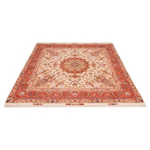 Hand-Knotted Persian Tabriz Dina Rug (Classical Floral Medallion) – Cream Silk & Wool