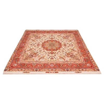 Hand-Knotted Persian Tabriz Dina Rug (Classical Floral Medallion) - Cream Silk & Wool