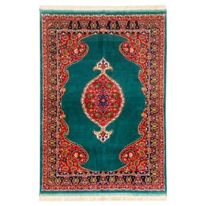 Hand-Knotted Persian Bojnourd Imani Rug (Fine Art Floral Medallion) – Green Silk & Wool
