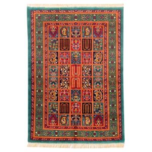 Hand-Knotted Persian Bojnourd Sadra Rug (Fine Art Bakhtiari Garden Khesti) – Green Silk & Wool