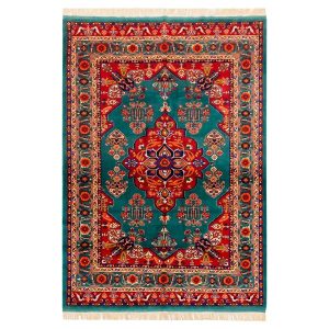Hand-Knotted Persian Bojnourd Tabin Rug (Fine Art Floral Medallion) – Turquoise Silk & Wool