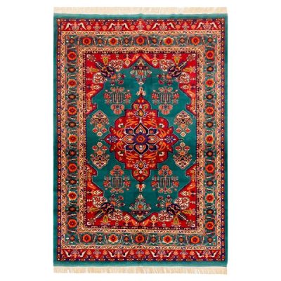 Hand-Knotted Persian Bojnourd Tabin Rug (Fine Art Floral Medallion) - Turquoise Silk & Wool
