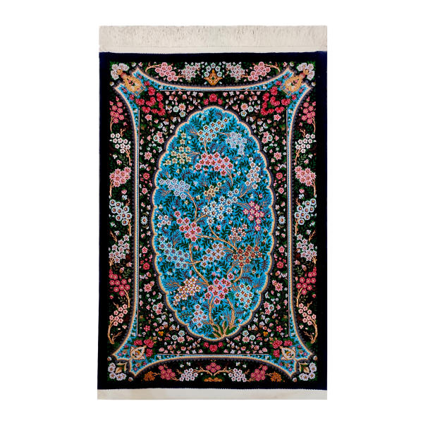 Hand-Knotted Persian Qom Behesht Rug (Elegant All-over Floral) – Turquoise Kork Wool