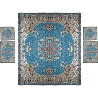 Persian Bedspread Set – Oriental Style Double Size with Termeh Fabric – Blue Taban