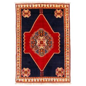 Hand-Knotted Persian Shiraz Rokh Rug (Qashqai Floral Medallion) – Navy Blue Wool
