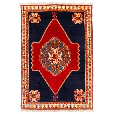 Hand-Knotted Persian Shiraz Rokh Rug (Qashqai Floral Medallion) - Navy Blue Wool