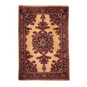 Hand-Knotted Persian Hamadan Cream Lajack Rug (Traditional Floral Medallion) – Cream Wool