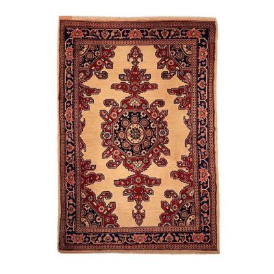 Hand-Knotted Persian Hamadan Cream Lajack Rug (Traditional Floral Medallion) - Cream Wool