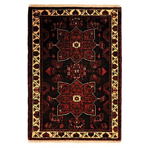 Hand-Knotted Persian Hamadan Black Toranj Rug (Tribal Geometric Medallion) – Black & Red Wool