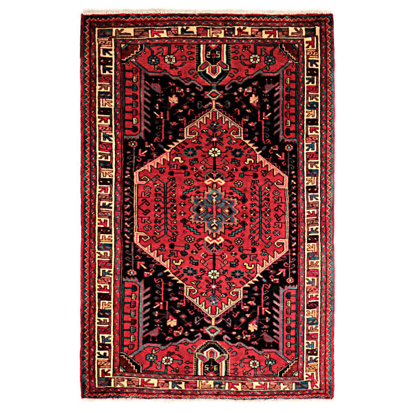 Hand-Knotted Persian Hamadan Nour Rug (Traditional Floral Medallion) – Black & Red Wool
