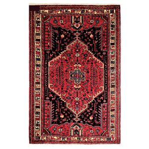 Hand-Knotted Persian Hamadan Nour Rug (Traditional Floral Medallion) – Black & Red Wool