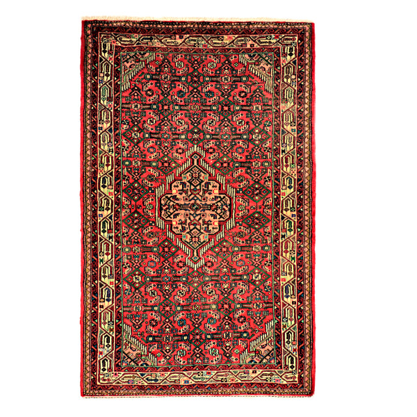 Hand-Knotted Persian Hamadan Red Toranj Rug (Traditional Floral Medallion) – Red Wool